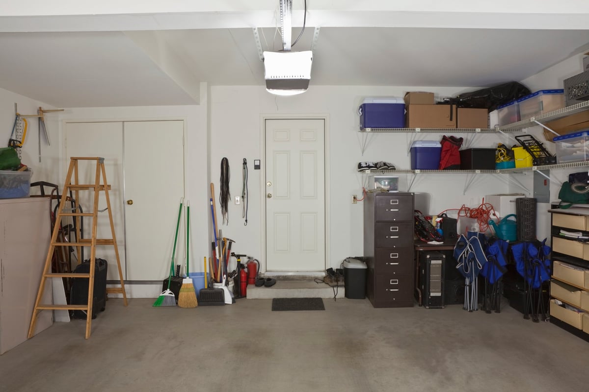 Clean two-car garage with organized storage system