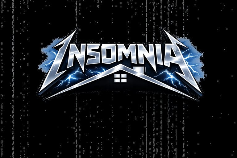 Insomnia logo with blue lightning effects and a house symbol on black background with digital rain texture
