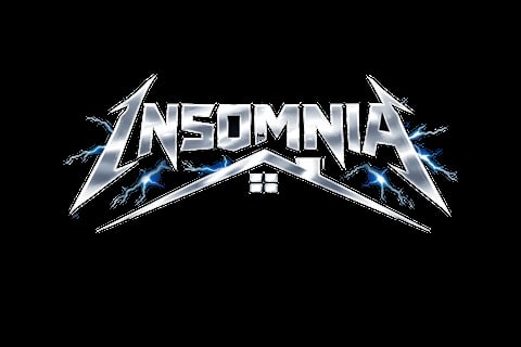 Insomnia band logo with angular metallic lettering and blue electric lightning effects on black background